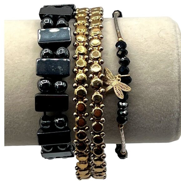 Gold & Black Beaded Jewelry Set: Layered Necklace 2  Bangles & 2 Bracelets. - Picture 8 of 10